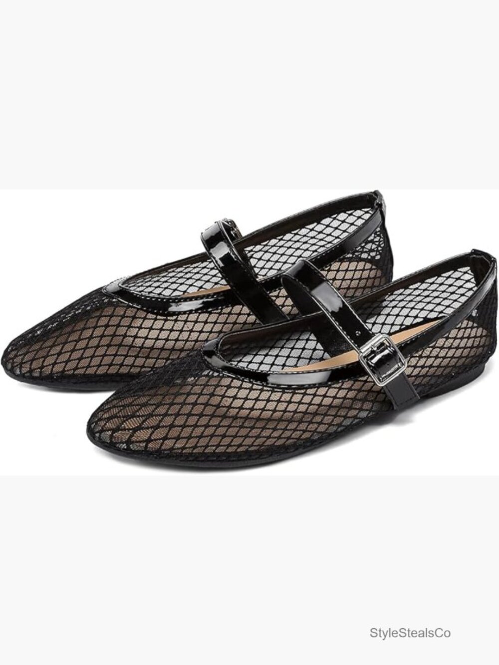 Mesh Ballet Flats Round Toe Fishnet Ballerina Flats Buckle Strap Mary Jane Shoes